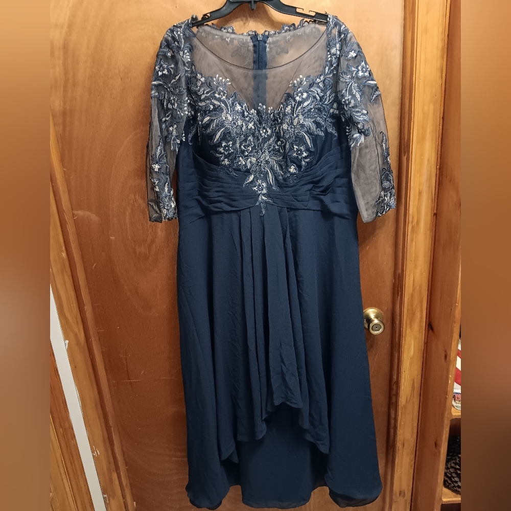 JJs House Blue Gown with 3/4 Sleeves and Scoop Neckline